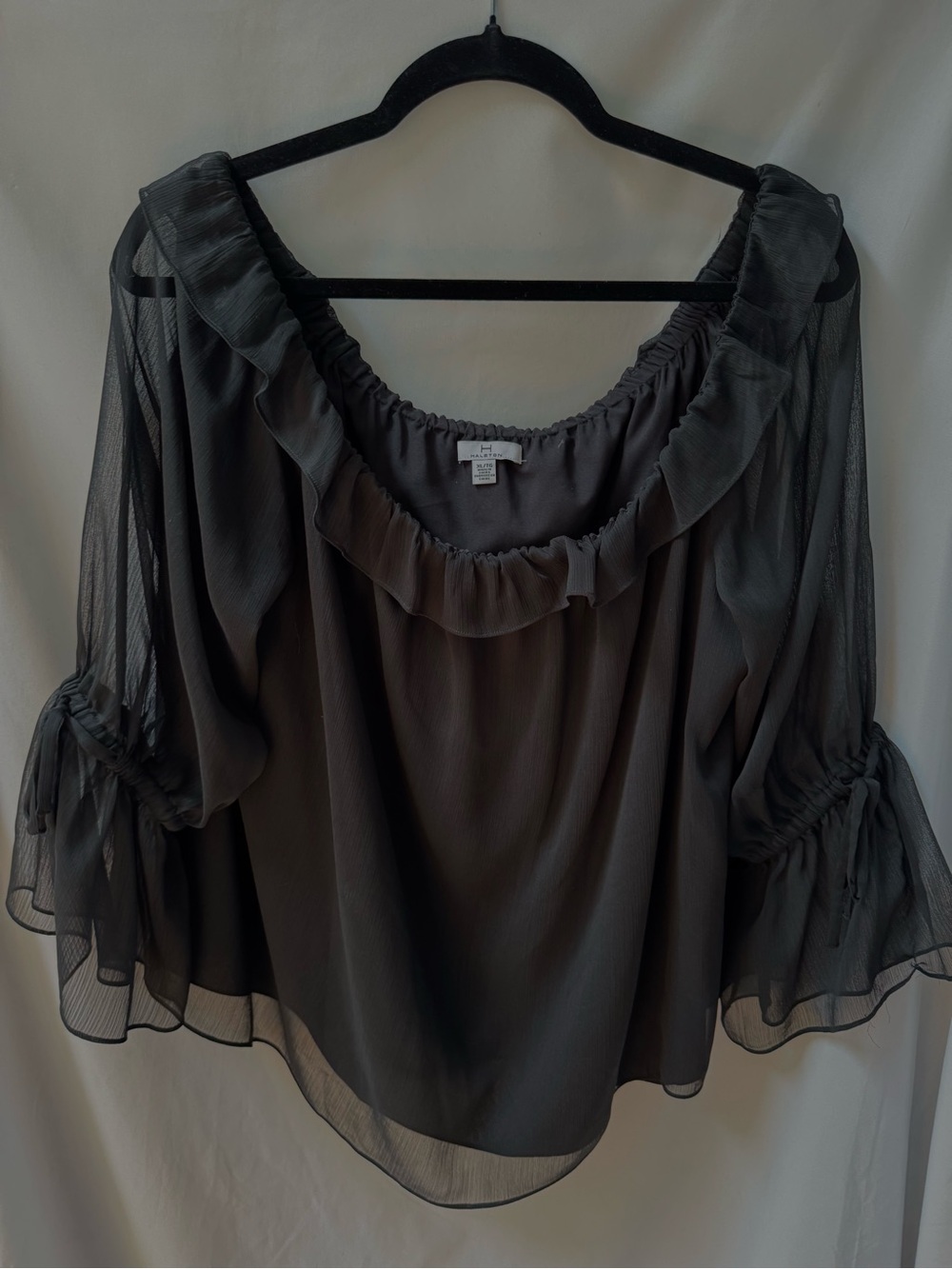 NWT‎ H by Halston Black Off-the-Shoulder Ruffle Blouse Sheer Sleeve XL